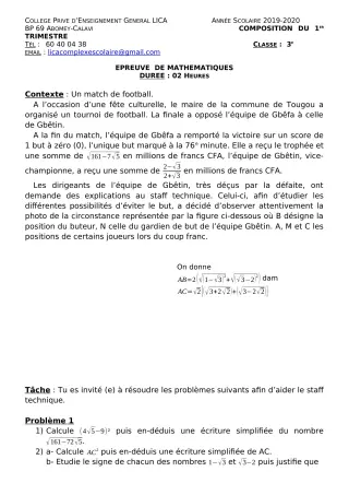Première page de Mathématiques 3e, 3e ML — Composition, 1er trimestre (2019-2020) · CPEG LICA