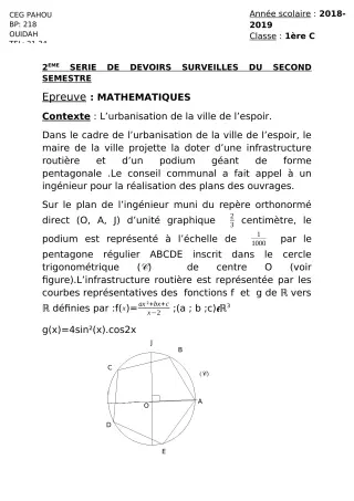 Première page de Mathématiques 1ère C — 2e devoir surveillé (2018-2019) · CEG PAHOU