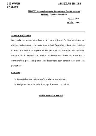 Première page de Français 5e — 1re évaluation sommative, 1er semestre (2019-2020) · CEG Kpanroun