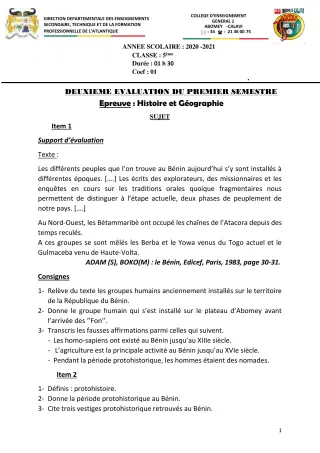 Première page de Histoire-Géographie 5e — 1er semestre (2020-2021) · CEG1 Abomey-Calavi