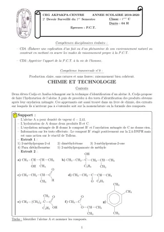 Première page de PCT 1ère C — 2e devoir surveillé, 1er semestre (2019-2020) · CEG 1 Akpakpa-Centre