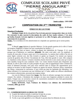 Première page de Français 6e — Composition, 3e trimestre (2019-2020) · CPEG PIERRE ANGULAIRE