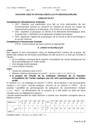 Première page de PCT Tle C — 2e devoir surveillé, 1er semestre (2021-2022) · CEG ZONGO