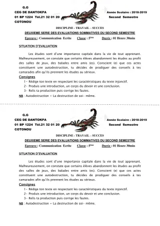 Première page de Français 5e — 2e évaluation sommative, 2e semestre (2019-2020) · CEG Dantokpa