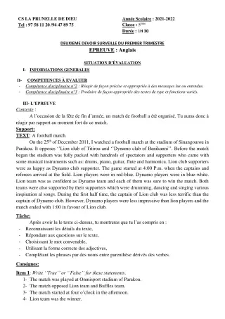 Première page de Anglais 5e — 2e devoir surveillé, 1er trimestre (2021-2022) · CEPG La Prunelle de Dieu