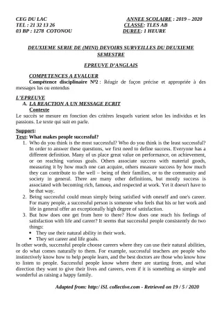 Première page de Anglais Tle B — 1er devoir surveillé, 2e semestre (2019-2020) · CEG du Lac