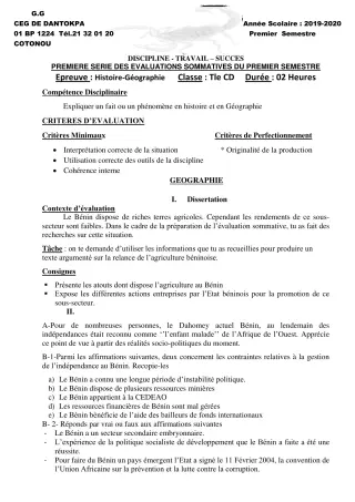 Première page de Histoire-Géographie 1ère D, Tle C, Tle D — Évaluation sommative, 1er semestre (2019-2020) · CEG Dantokpa