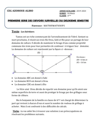 Première page de Mathématiques 6e — 1er devoir surveillé, 2e semestre (2019-2020) · CEG AZOHOUE-ALIHO