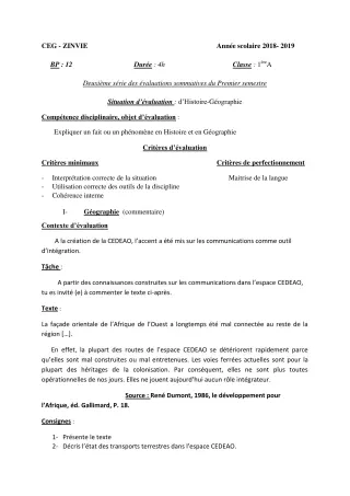 Première page de Histoire-Géographie 1ère A — 2e évaluation sommative, 1er semestre (2018-2019) · CEG Zinvié