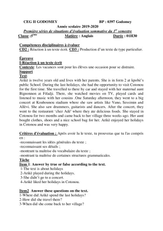 Première page de Anglais 5e — Évaluation sommative, 1er semestre (2019-2020) · CEG2 Godomey