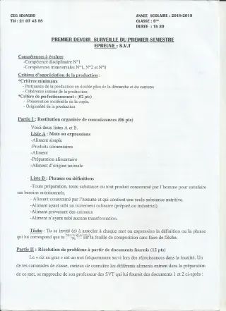 Première page de SVT 6e — 1er devoir surveillé, 1er semestre (2018-2019) · CEG ADJAGBO