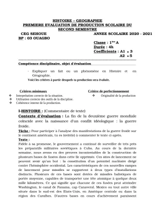 Première page de Histoire-Géographie 1ère A1, 1ère A2 — 1re production scolaire, 2e semestre (2020-2021) · CEG SEHOUE