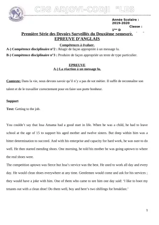 Première page de Anglais 1ère D — 1er devoir surveillé, 2e semestre (2019-2020) · CEG ADJOVICODJI 'LES OLIVIERS'