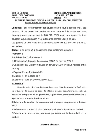 Première page de Mathématiques 2nde A1, 2nde A2, 2nde B — 1er devoir surveillé, 2e semestre (2020-2021) · CEG LE NOKOUE