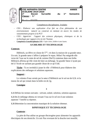 Première page de PCT 5e — 2e devoir surveillé, 1er semestre (2019-2020) · CEG 1 Akpakpa-Centre