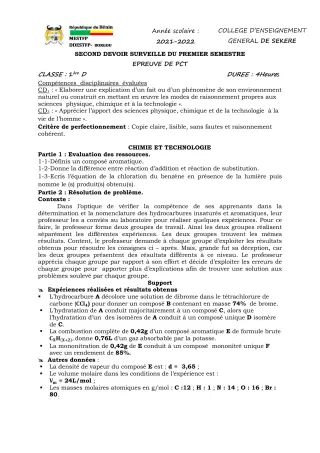 Première page de PCT 1ère D — 2e devoir surveillé, 1er semestre (2021-2022) · CEG SEKERE