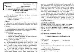 Première page de Espagnol 4e ML, 3e ML — 2e devoir surveillé, 1er semestre (2019-2020) · CEG 2 N'DALI