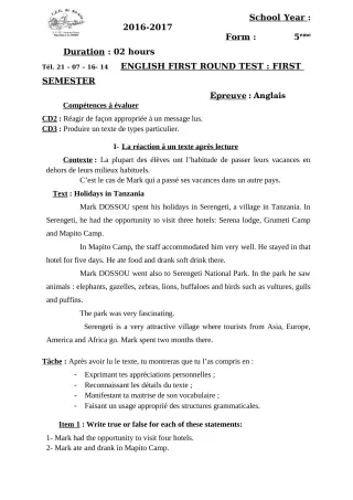 Première page de Devoir surveillé de ANGLAIS — 5e — CEG Sô-Ava (2018)