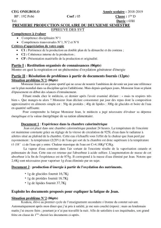 Première page de SVT 1ère A2 — 1re production scolaire, 2e semestre (2018-2019) · CEG ONIGBOLO