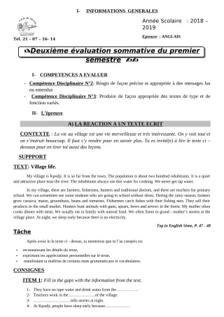 Première page de Anglais 6e, 5e, 4e, 4e ML, 3e, 3e ML, 2nde A1, 2nde A2, 2nde C, 2nde D, 1ère A1, 1ère A2, 1ère B, 1ère C, 1ère D, Tle A1, Tle A2, Tle B, Tle C, Tle D — 2e évaluation sommative, 1er semestre (2018-2019