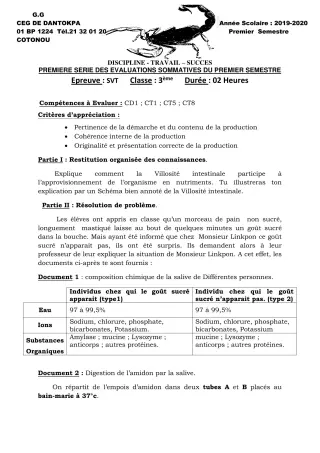 Première page de SVT 3e, 3e ML — 1re évaluation sommative, 1er semestre (2019-2020) · CEG Dantokpa