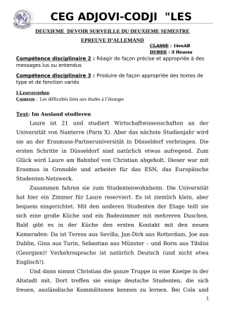 Première page de Allemand 1ère B — 2e devoir surveillé, 2e semestre (2019-2020) · CEG ADJOVICODJI 'LES OLIVIERS'