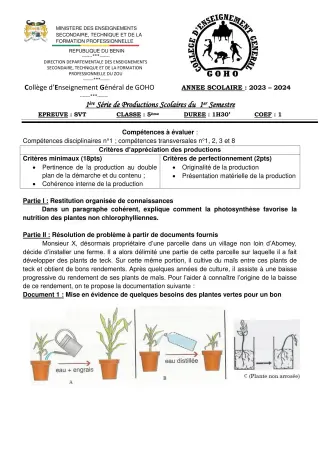 Première page de SVT 5e — 1re production scolaire, 1er semestre (2023-2024) · CEG GOHO