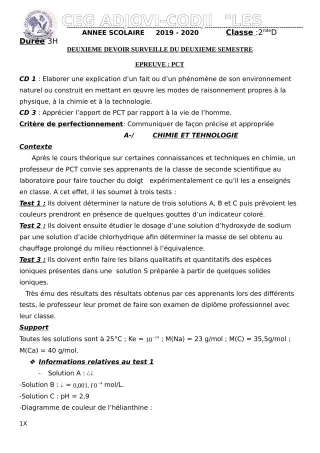 Première page de PCT 2nde D — 2e devoir surveillé, 2e semestre (2019-2020) · CEG ADJOVICODJI 'LES OLIVIERS'