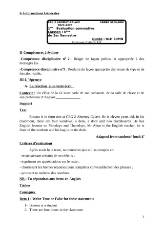 Première page de Anglais 6e — 1re évaluation sommative, 1er semestre (2022-2023) · CEG2 ABOMEY - CALAVI (CEG ZOCA)