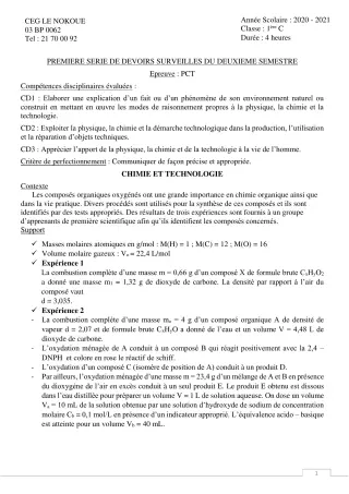 Première page de PCT 1ère C — 1er devoir surveillé, 2e semestre (2020-2021) · CEG LE NOKOUE