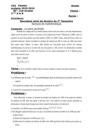 Première page de Mathématiques 1ère A1, 1ère A2, 1ère B — 2e devoir surveillé, 1er semestre (2018-2019) · CEG PAHOU