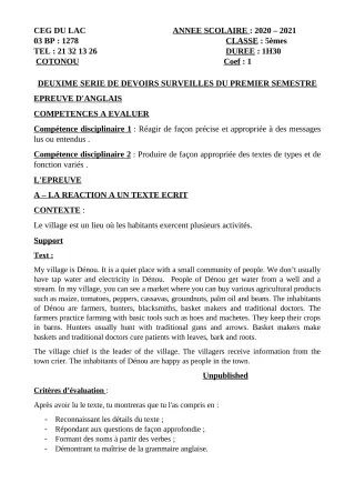 Première page de Anglais 5e — Devoir surveillé, 1er semestre (2020-2021) · CEG du Lac