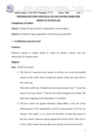 Première page de Anglais 2nde D — 1er devoir surveillé, 2e semestre (2019-2020) · CEG ADJOVICODJI 'LES OLIVIERS'