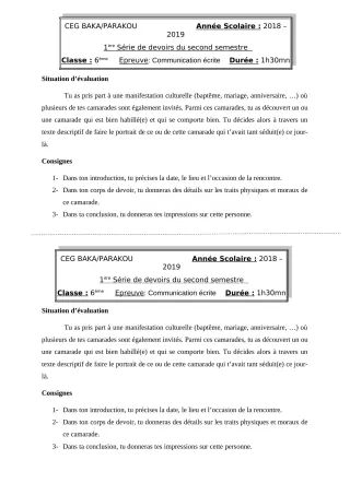 Première page de Français 6e — 1er devoir surveillé, 2e semestre (2018-2019) · CEG BAKA