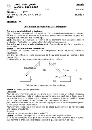 Première page de PCT 6e, 5e — 2e devoir surveillé, 2e trimestre (2021-2022) · CPEG SAINT Justin