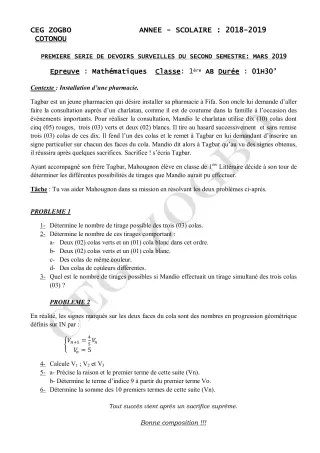 Première page de Mathématiques 1ère A1, 1ère A2, 1ère B — 1er devoir surveillé, 2e semestre (2018-2019) · CEG ZOGBO