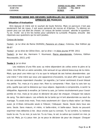 Première page de Français Tle A1, Tle A2, Tle B, Tle C, Tle D — 1er devoir surveillé, 2e semestre (2020-2021) · CEG HOUEYIHO