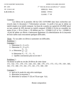 Première page de Mathématiques 2nde A & B, 2nde D, 1ère A & B, 1ère D — 1er devoir surveillé, 2e semestre (2018-2019) · Lycée Houegbadja d'Abomey (Ex Mafory Bangoura)