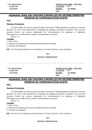 Première page de Français 6e — 1er devoir surveillé, 2e semestre (2020-2021) · CEG HOUEYIHO