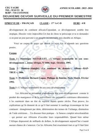 Première page de Devoir surveillé de FRANCAIS — 1ère A2, 1ère C, 1ère D — CEG Yagbe (2023)
