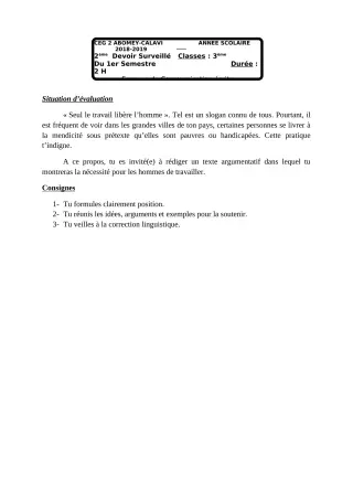 Première page de Français 3e, 3e ML — 2e devoir surveillé, 1er semestre (2018-2019) · CEG2 ABOMEY - CALAVI (CEG ZOCA)
