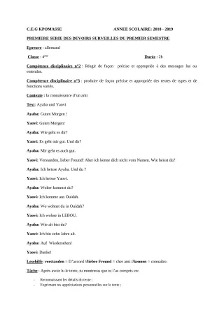 Première page de Allemand 4e ML, 3e ML, 2nde A, 2nde B, 1ère A, 1ère A1, 1ère B, Tle A1, Tle A2 — 1er devoir surveillé, 1er semestre (2018-2019) · CEG Kpomassè