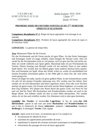 Première page de Allemand 3e ML — 1er devoir surveillé, 2e semestre (2019-2020) · CEG du Lac