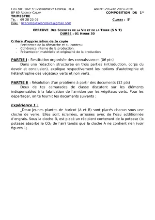 Première page de SVT 5e — Composition, 1er trimestre (2019-2020) · CPEG LICA