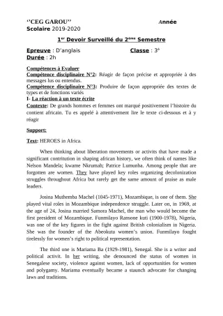 Première page de Anglais 3e — 1er devoir surveillé, 2e semestre (2019-2020) · CEG GAROU