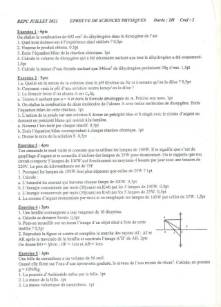 Première page de Épreuve BEPC 2021 sciences physiques Togo