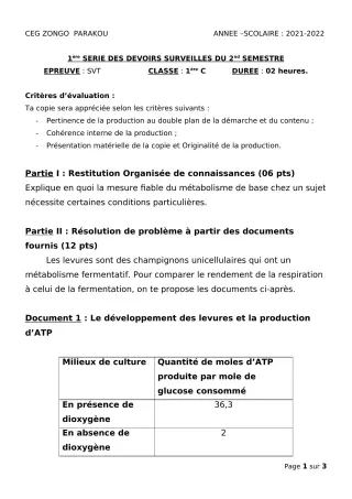 Première page de SVT 1ère C — 1er devoir surveillé, 2e semestre (2021-2022) · CEG ZONGO