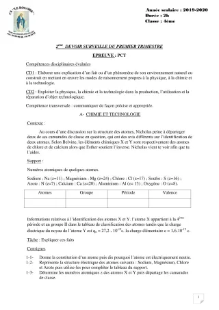 Première page de PCT 4e, 4e ML — 2e devoir surveillé, 1er trimestre (2019-2020) · CPEG ROSAIRE