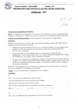 Première page de PCT 6e — 1er devoir surveillé, 2e semestre (2019-2020) · CEG ADJOVICODJI 'LES OLIVIERS'