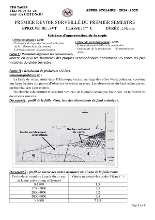 Première page de SVT 1ère C — 1er devoir surveillé, 1er semestre (2024-2025) · CEG Yagbe